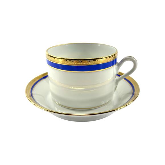 Richard Ginori Flat Bottom Cup and Saucer Blue and Gold Bands Di Doccia Italy - Picture 1 of 8